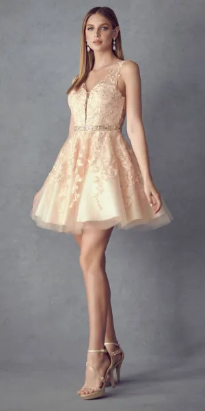 Juliet 853 Homecoming Short Dress Floral Lace Applique A-Line