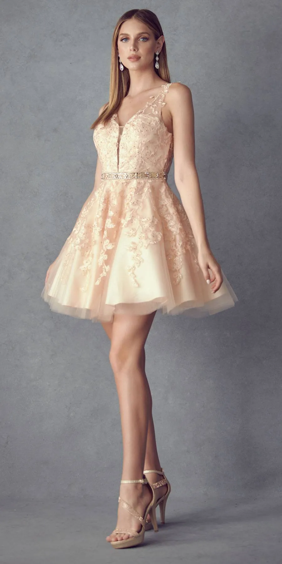 Juliet 853 Homecoming Short Dress Floral Lace Applique A-Line