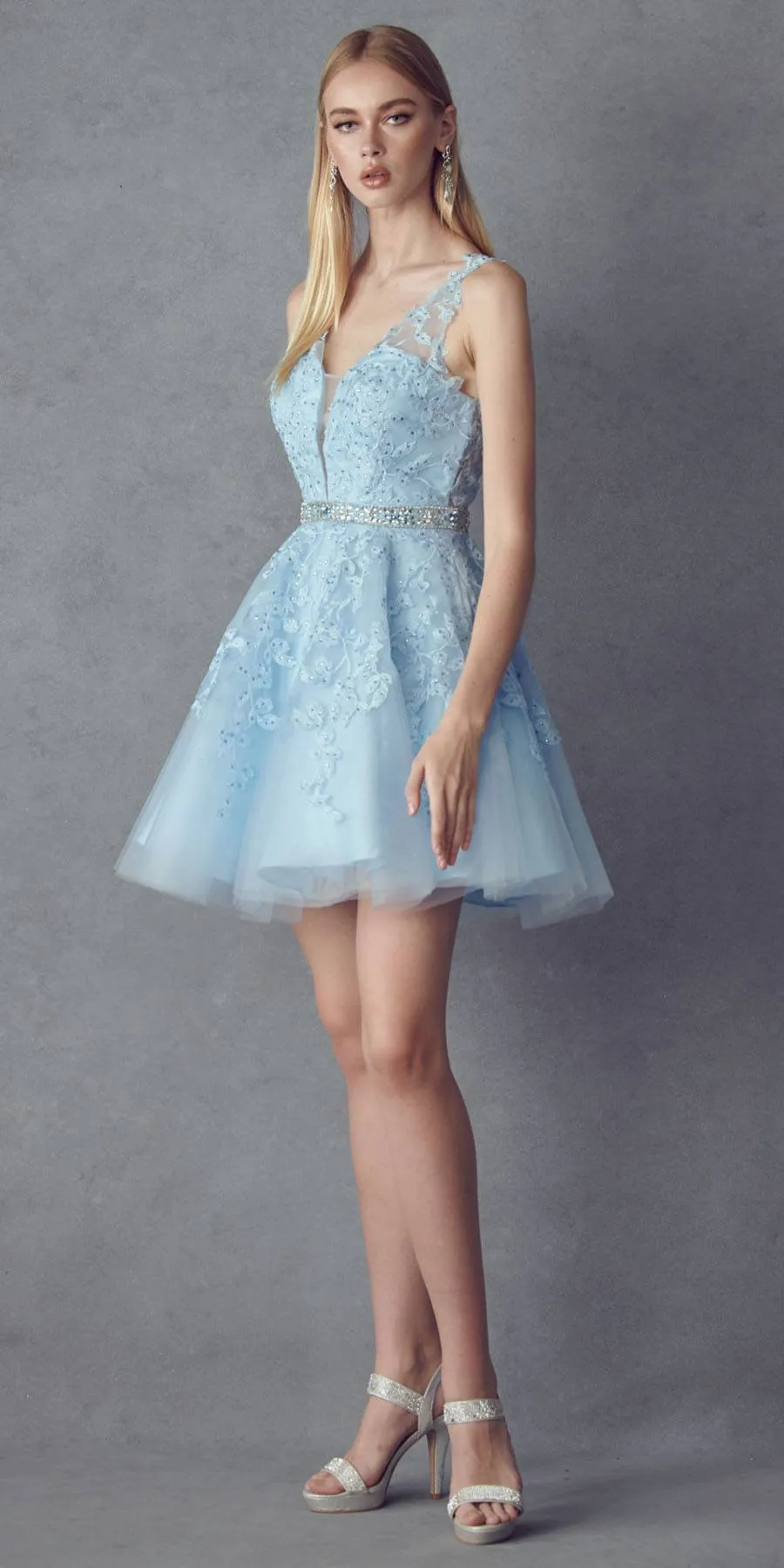 Juliet 853 Homecoming Short Dress Floral Lace Applique A-Line