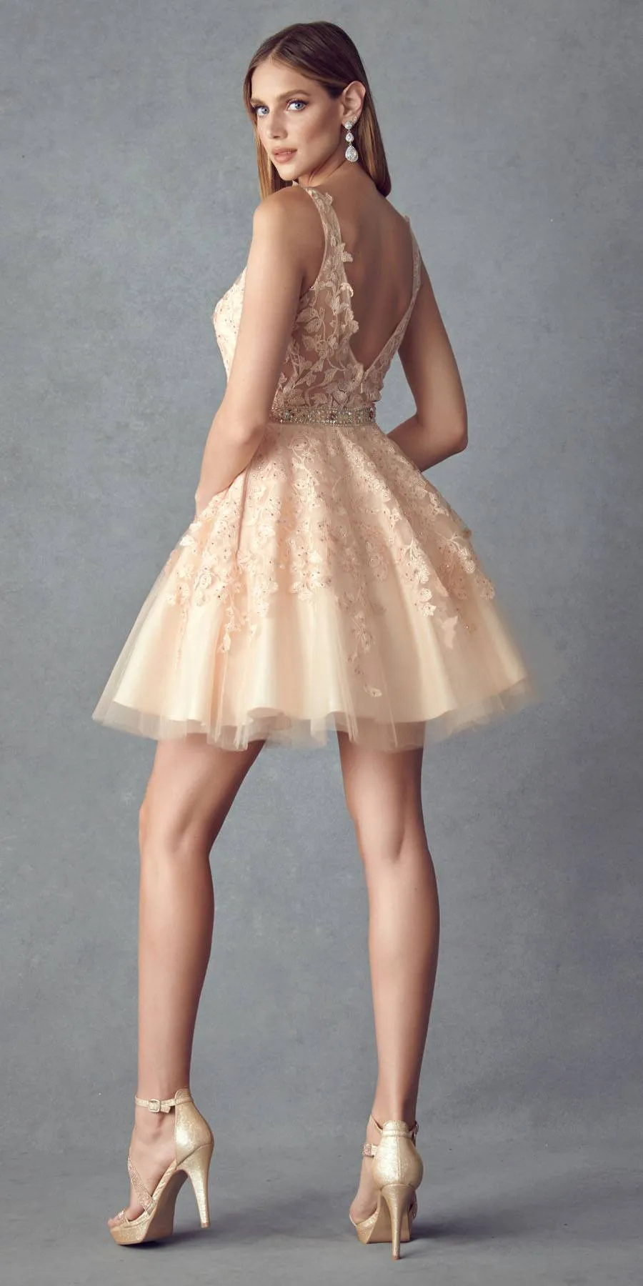 Juliet 853 Homecoming Short Dress Floral Lace Applique A-Line