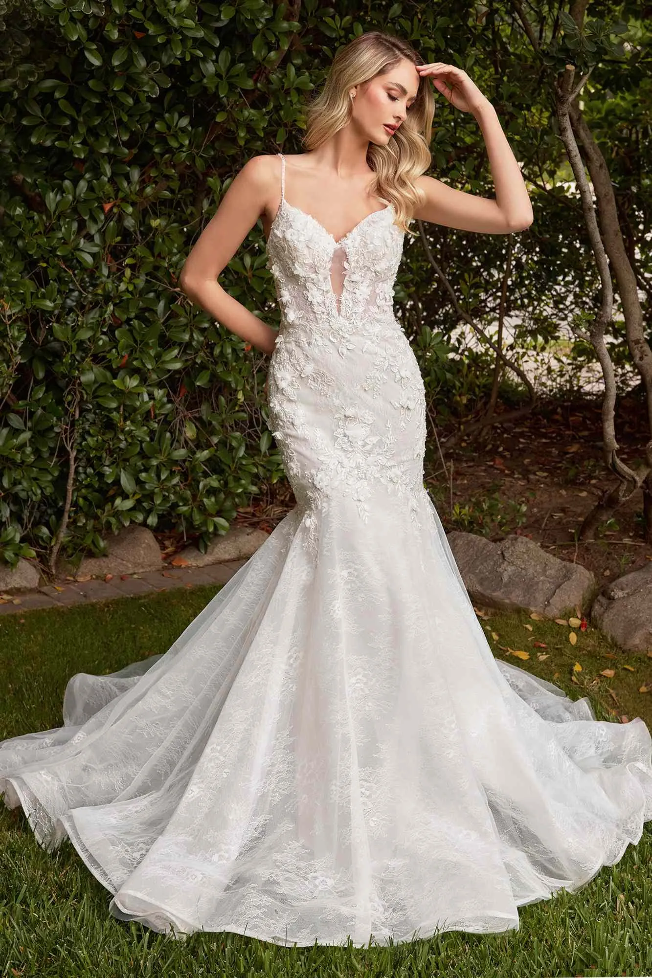 Ladivine CD856W Long Layered Lace Fitted Mermaid Wedding Gown