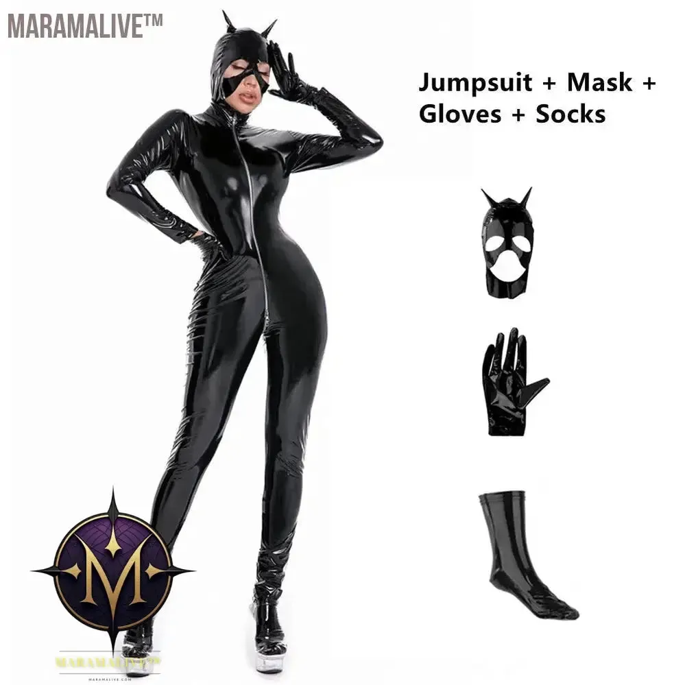 Latex Catsuit Women Wet Look Shiny PU Faux Leather Jumpsuits Suit Long Sleeve Zip Open Crotch Bodysuit Clubwear Plus Size S-5XL