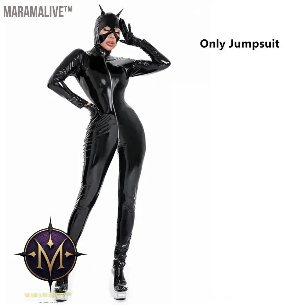 Latex Catsuit Women Wet Look Shiny PU Faux Leather Jumpsuits Suit Long Sleeve Zip Open Crotch Bodysuit Clubwear Plus Size S-5XL