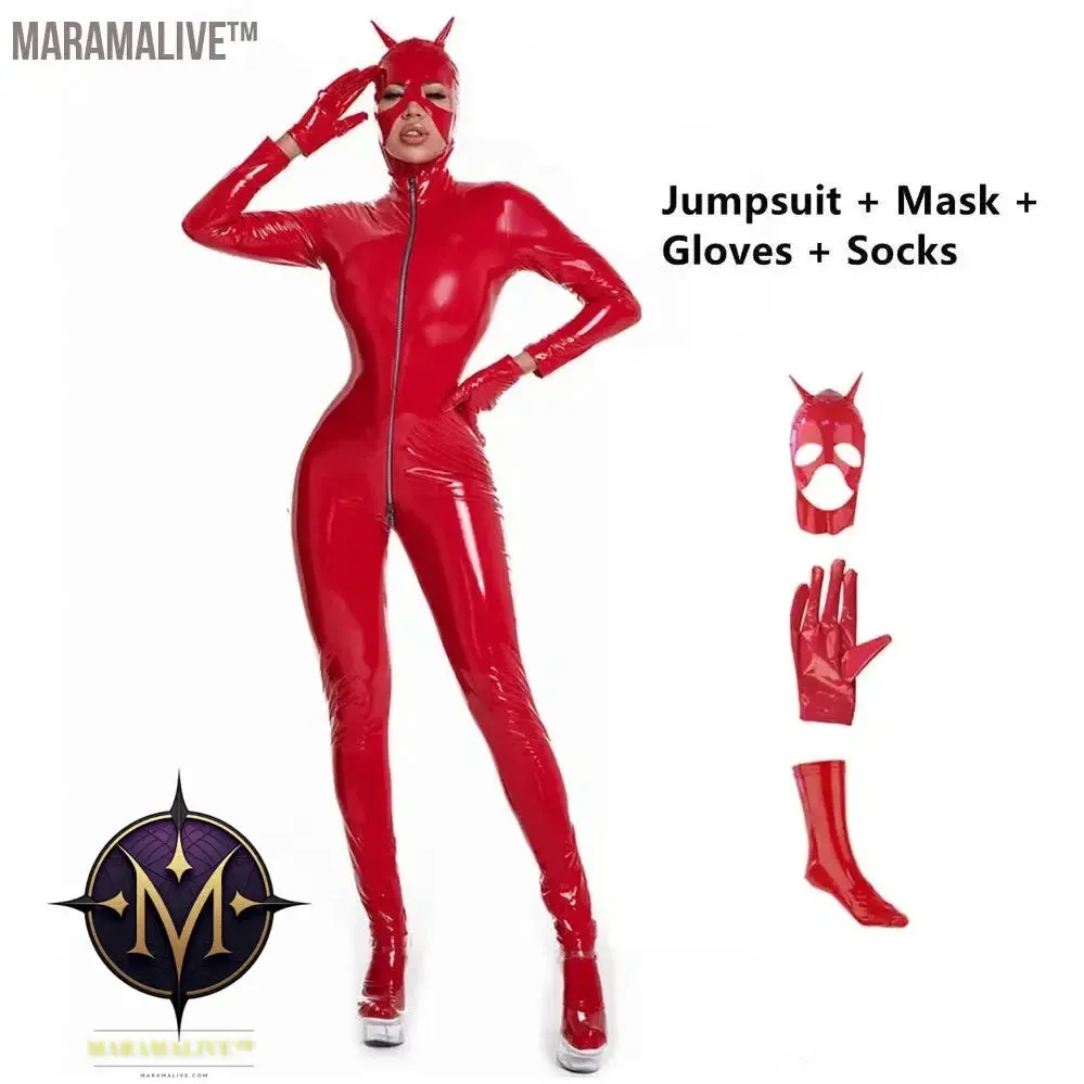 Latex Catsuit Women Wet Look Shiny PU Faux Leather Jumpsuits Suit Long Sleeve Zip Open Crotch Bodysuit Clubwear Plus Size S-5XL
