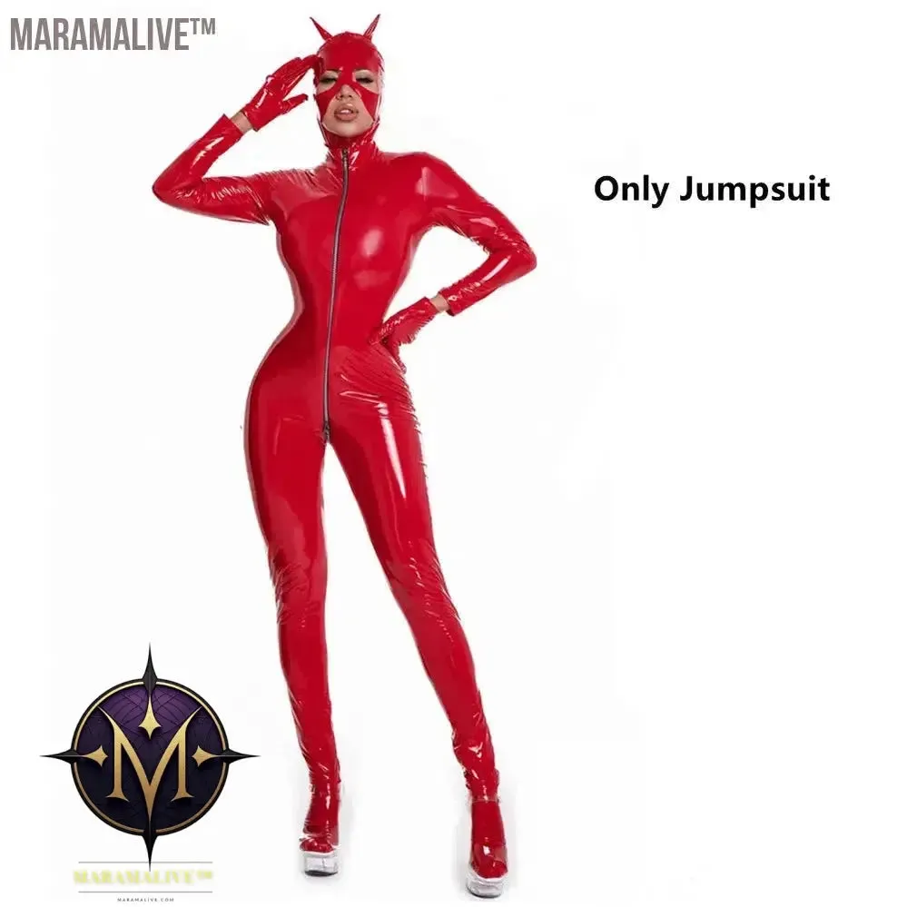 Latex Catsuit Women Wet Look Shiny PU Faux Leather Jumpsuits Suit Long Sleeve Zip Open Crotch Bodysuit Clubwear Plus Size S-5XL