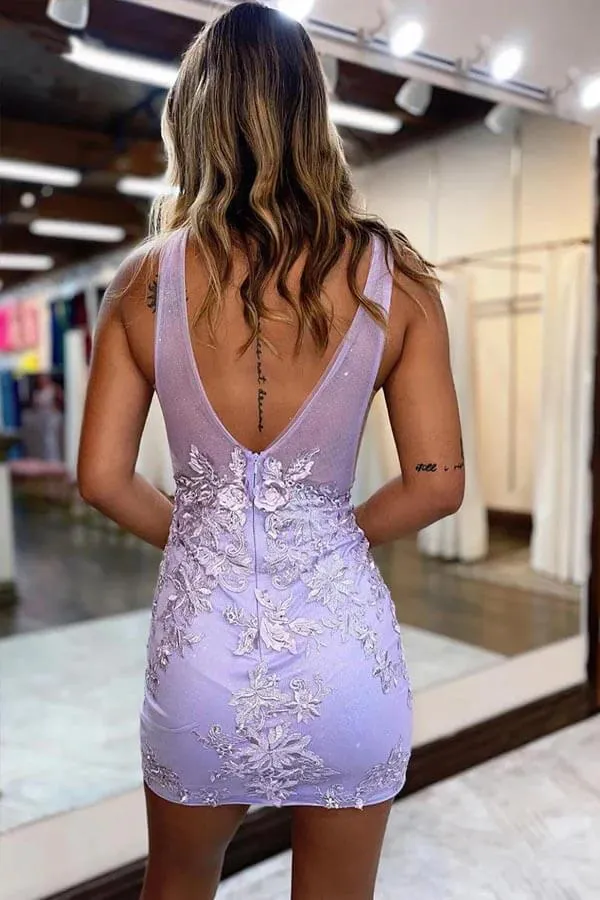 Lavender Plunging V-Neck Lace Appliques Short Homecoming Dresses, MH655