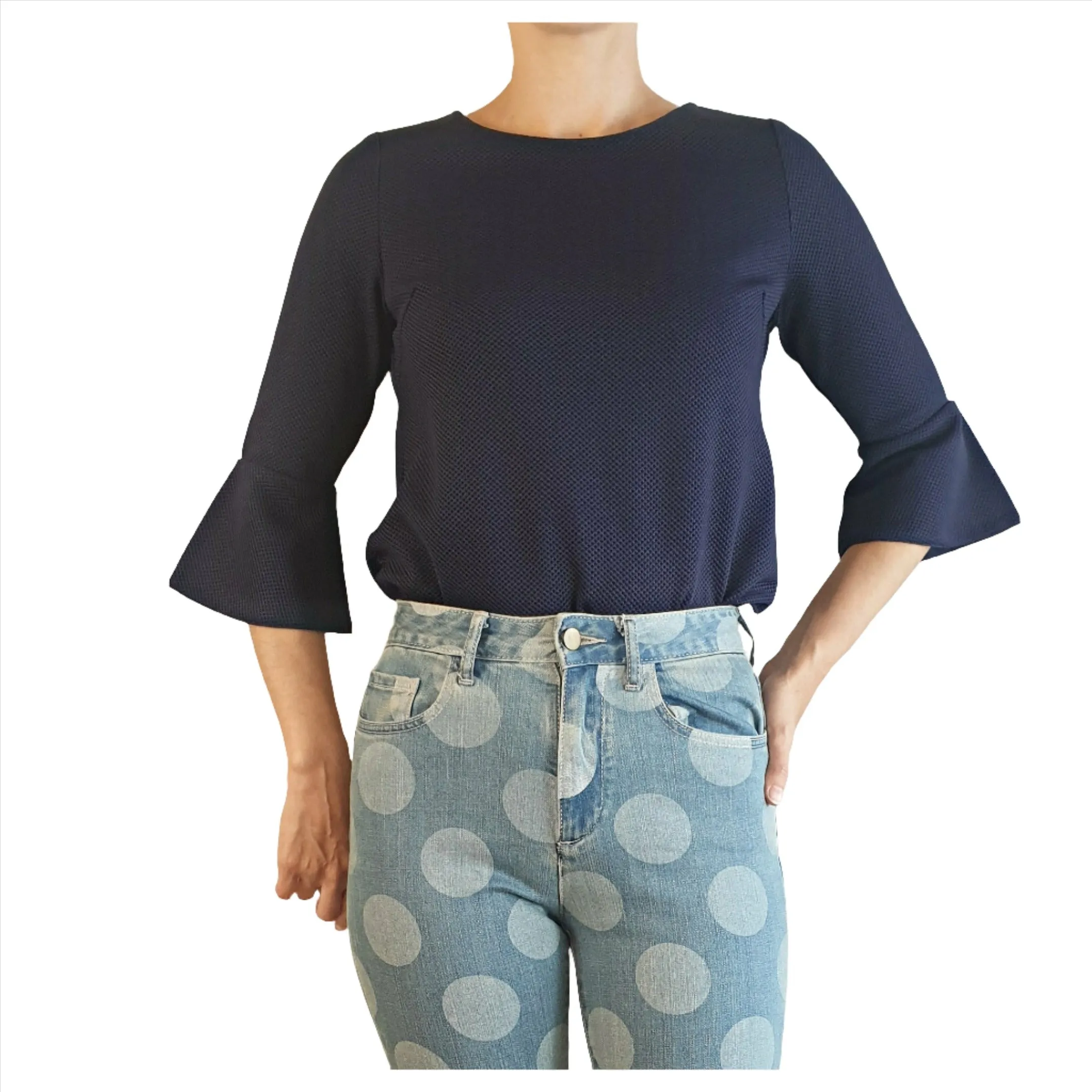 Leonard St textured navy bell sleeve top size 8