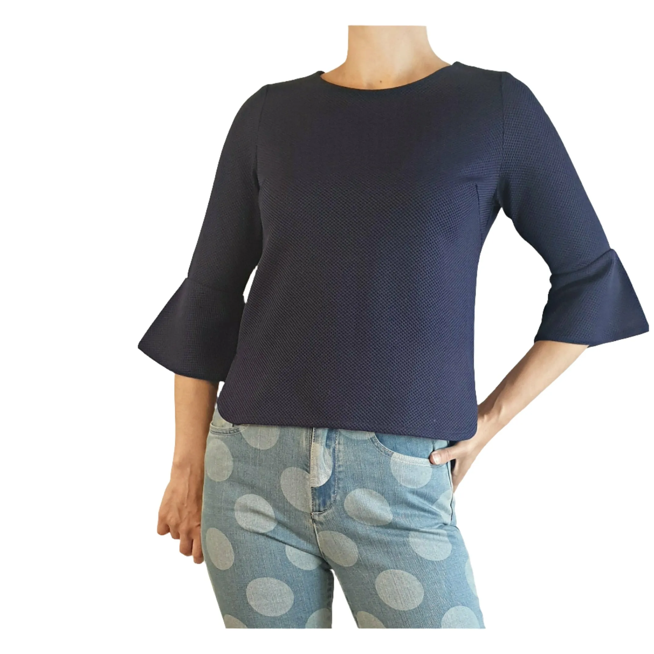 Leonard St textured navy bell sleeve top size 8