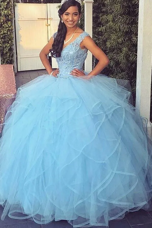 Light Blue Tulle Ball Gown Lace V-neckline Sweet Girl 16 Quinceanera Dresses