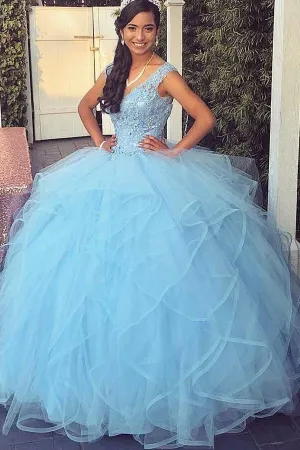Light Blue Tulle Ball Gown Lace V-neckline Sweet Girl 16 Quinceanera Dresses