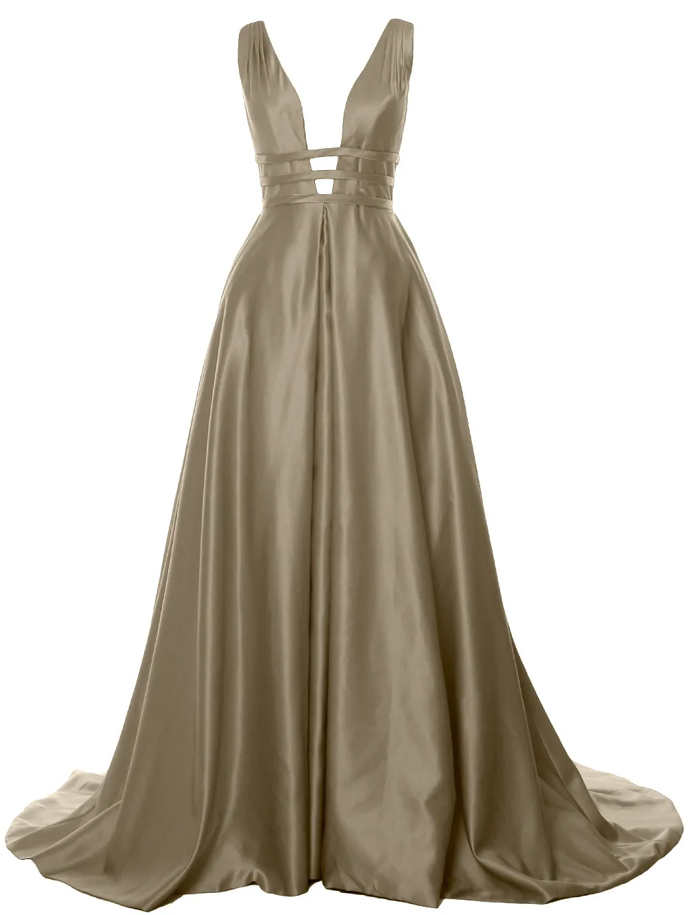 MACloth Women's Deep V Neck Prom Gown Satin Sleeveless Formal Evening Dresses