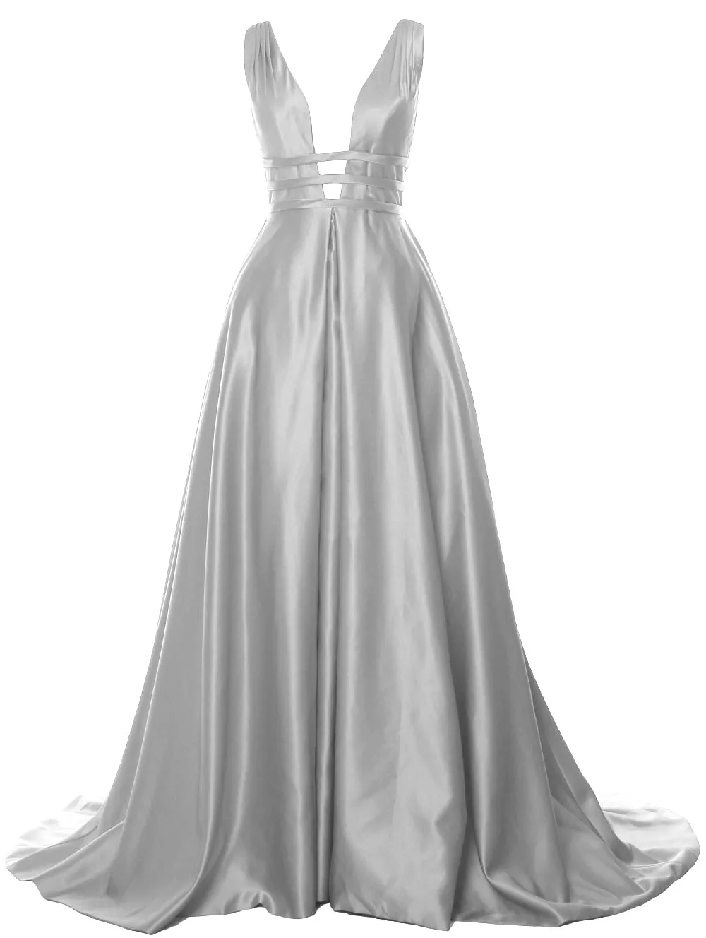 MACloth Women's Deep V Neck Prom Gown Satin Sleeveless Formal Evening Dresses