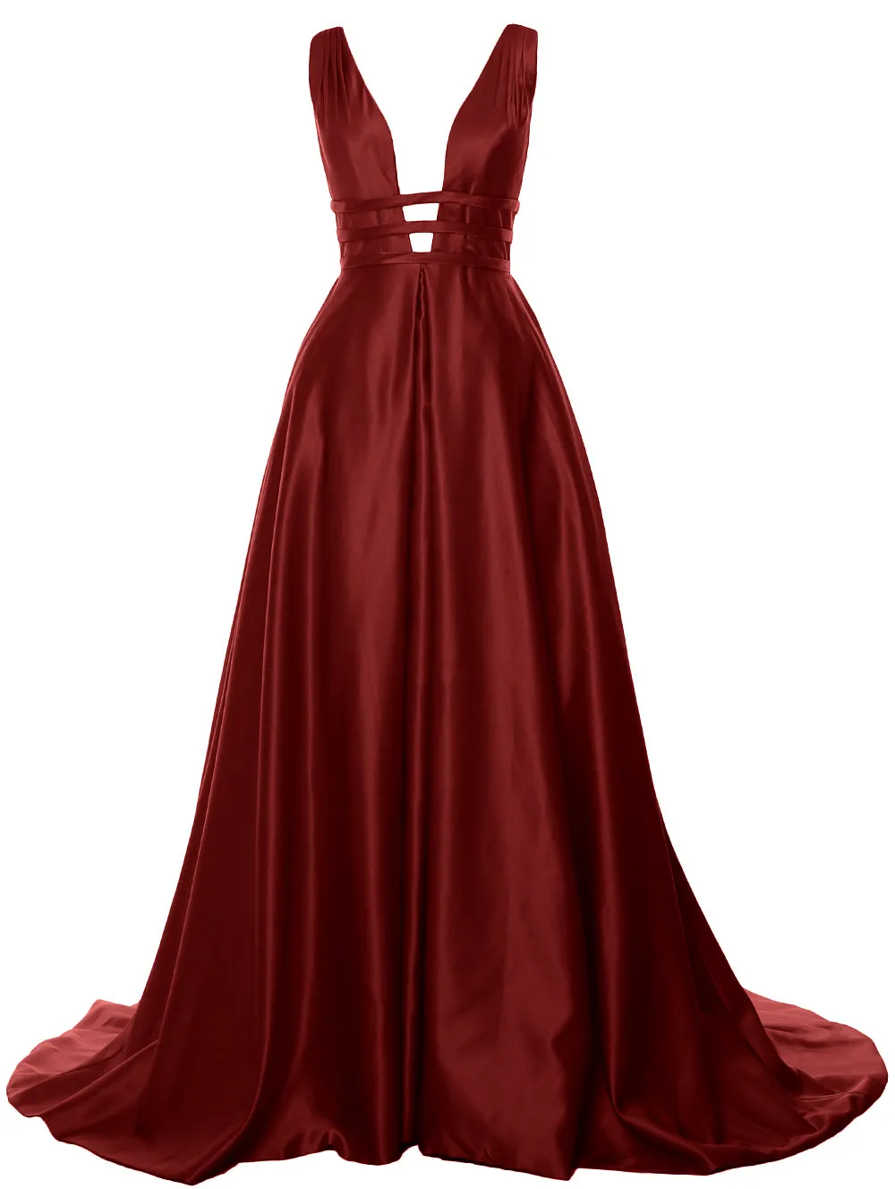 MACloth Women's Deep V Neck Prom Gown Satin Sleeveless Formal Evening Dresses