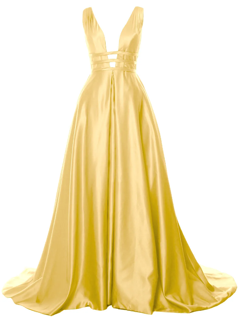 MACloth Women's Deep V Neck Prom Gown Satin Sleeveless Formal Evening Dresses