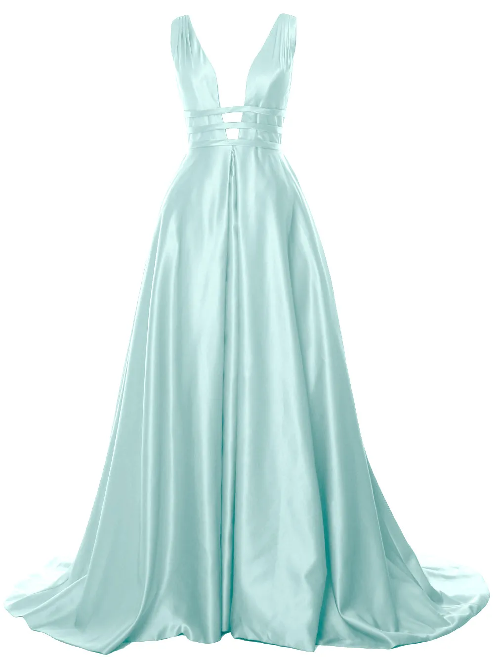 MACloth Women's Deep V Neck Prom Gown Satin Sleeveless Formal Evening Dresses