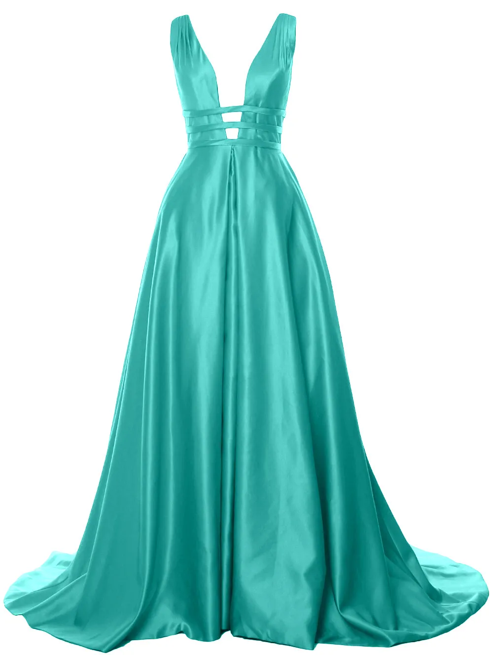 MACloth Women's Deep V Neck Prom Gown Satin Sleeveless Formal Evening Dresses