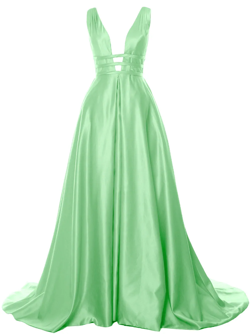MACloth Women's Deep V Neck Prom Gown Satin Sleeveless Formal Evening Dresses