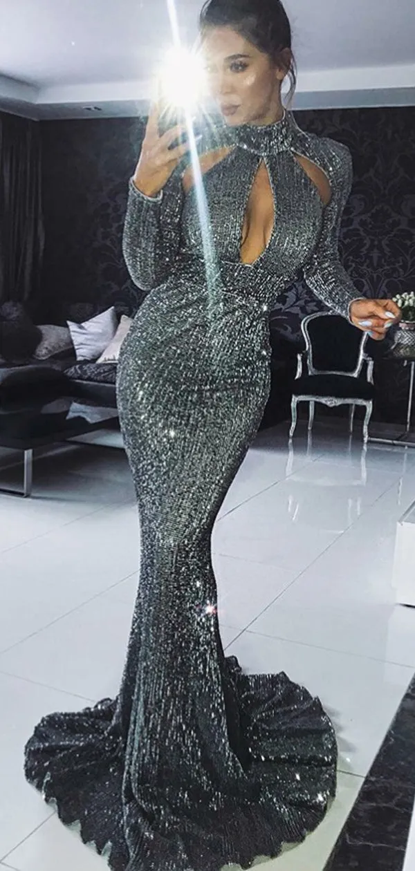 Mermaid High Neck Cut Out Grey Sequined Prom Dresses Online, TYP1307