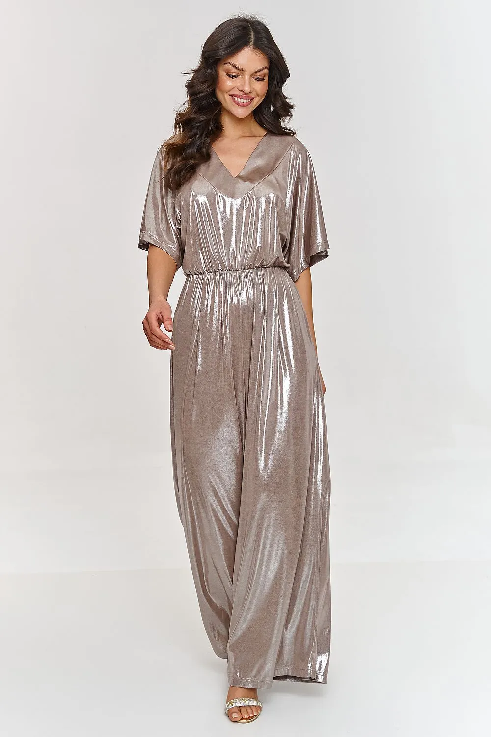 Metallic V-neck wide-legged jumpsuit