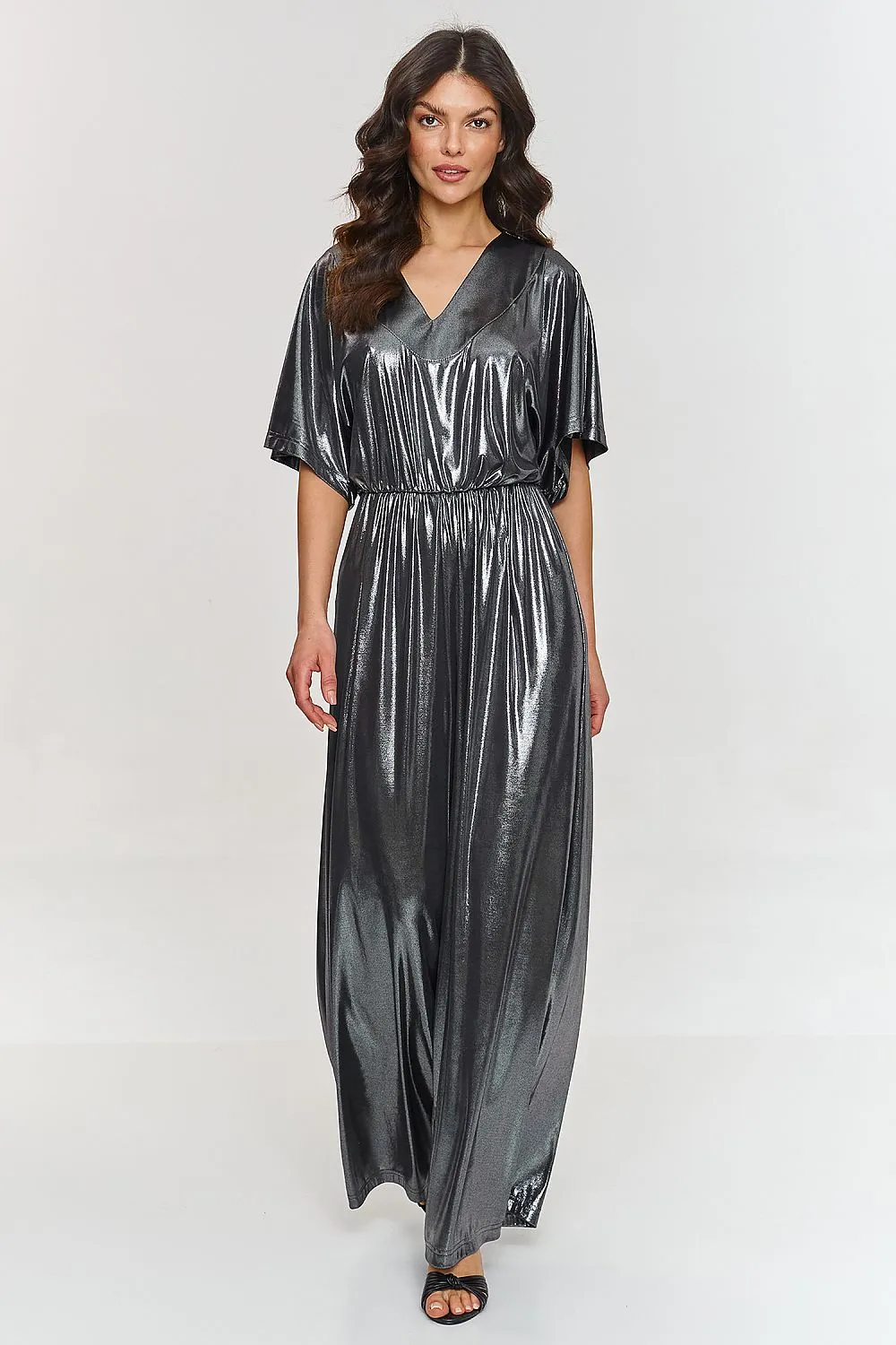 Metallic V-neck wide-legged jumpsuit