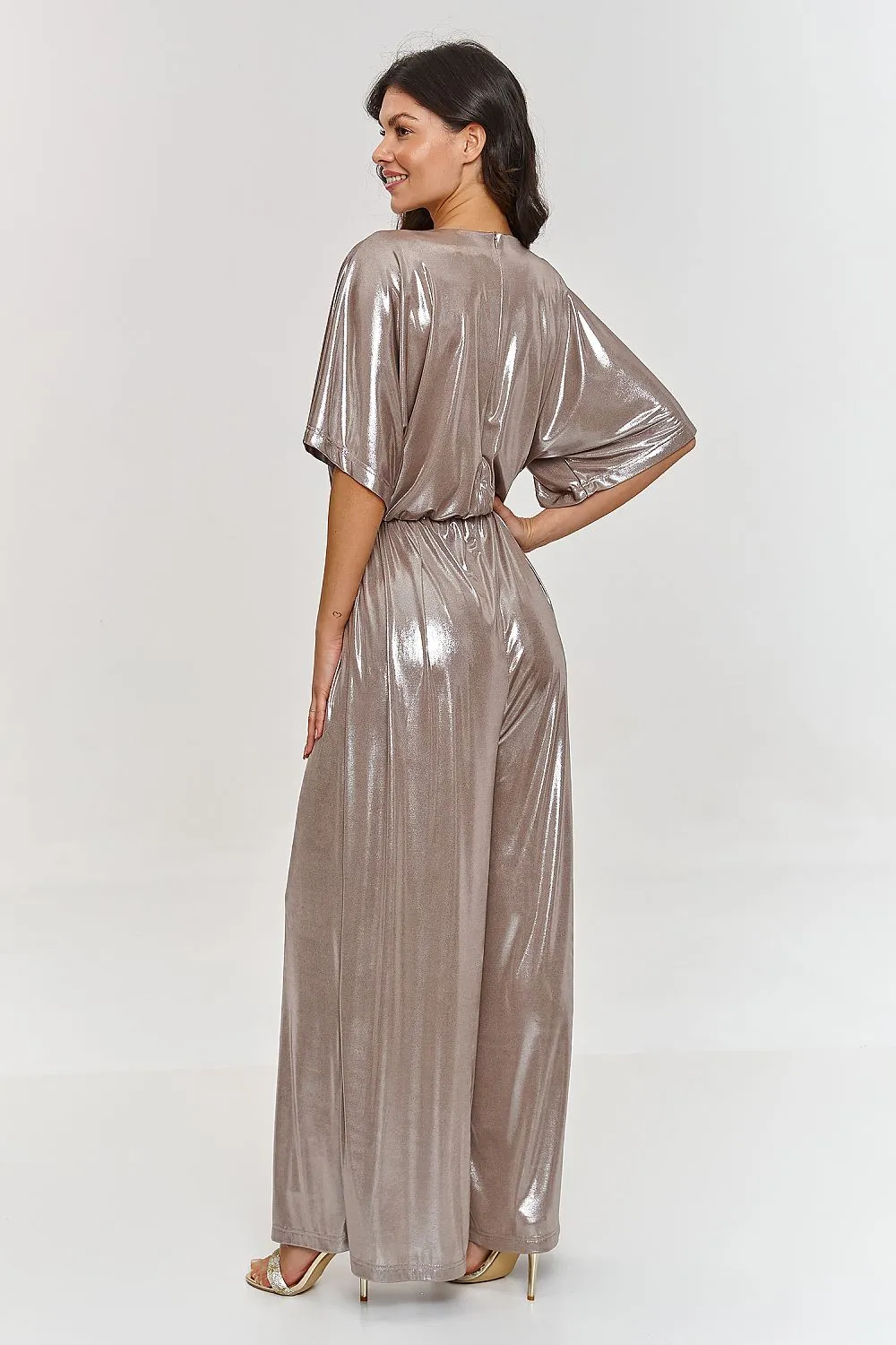 Metallic V-neck wide-legged jumpsuit