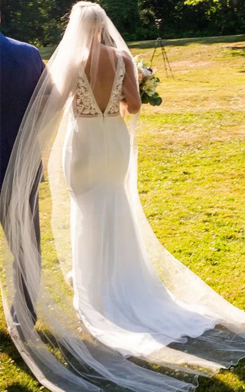 Modern Mermaid Plunging Neckline Sweep Train Satin Wedding Dress-716474