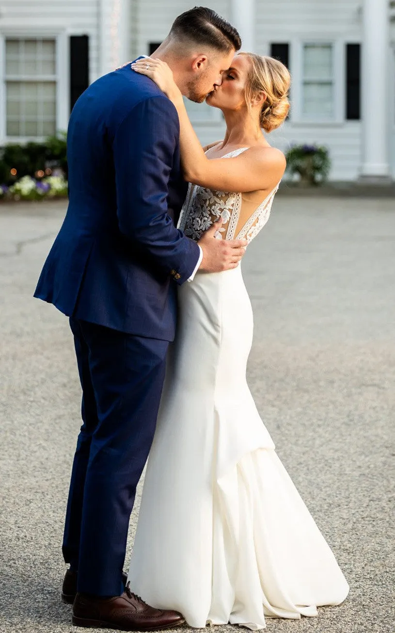 Modern Mermaid Plunging Neckline Sweep Train Satin Wedding Dress-716474