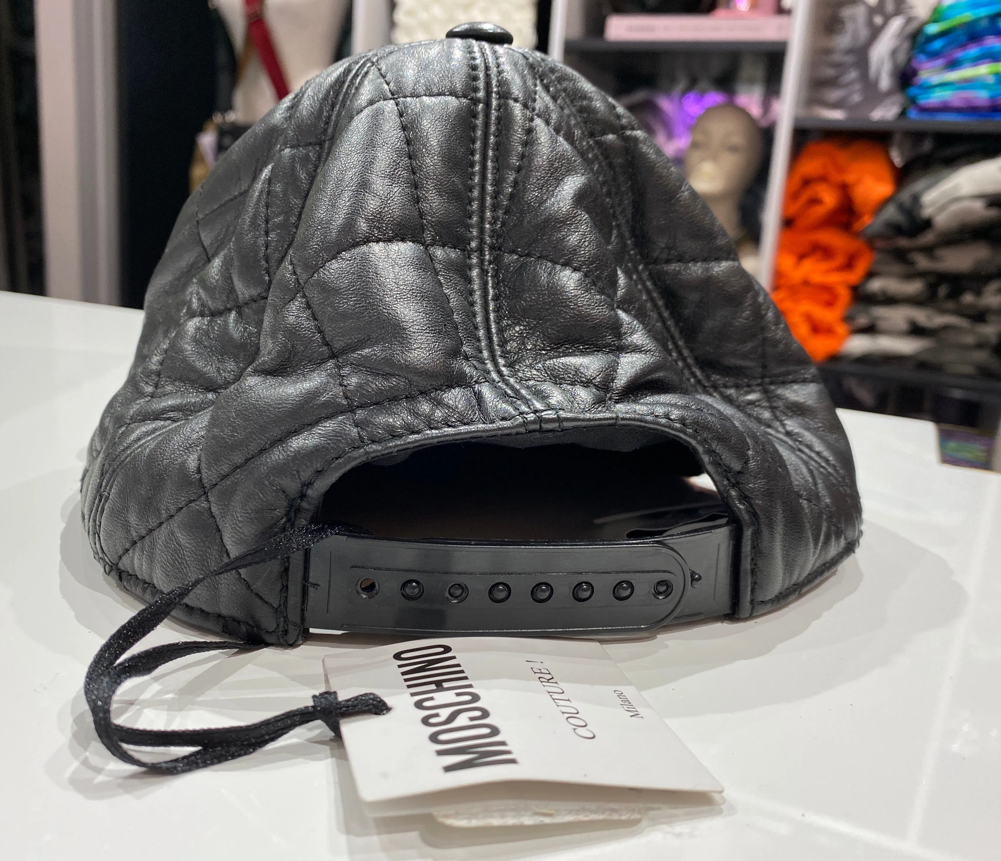 Moschino Black Quilted Leather Multi-Colored Logo Cap