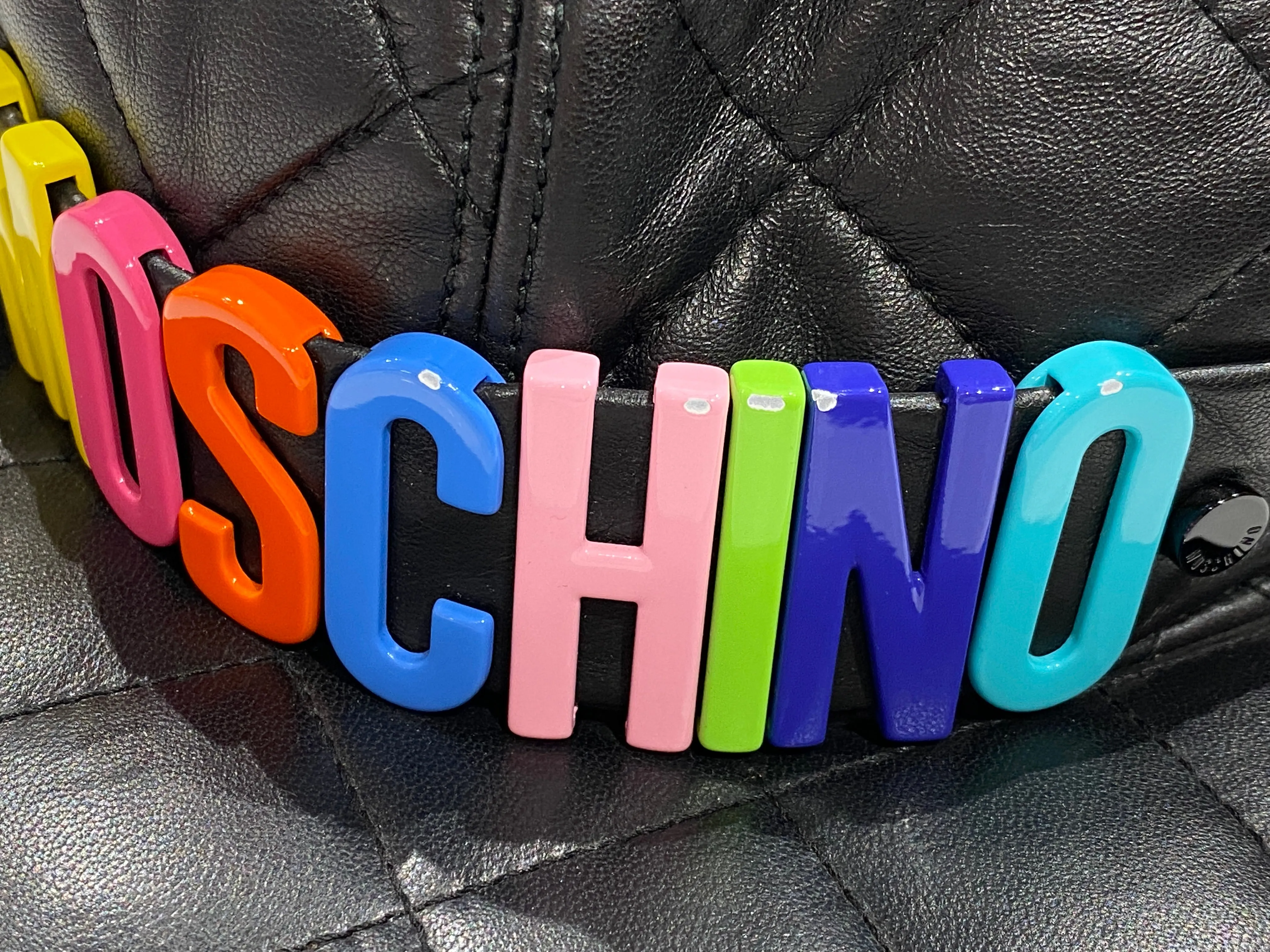 Moschino Black Quilted Leather Multi-Colored Logo Cap