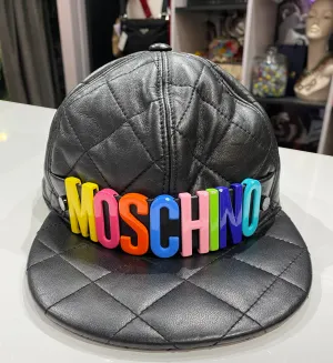 Moschino Black Quilted Leather Multi-Colored Logo Cap