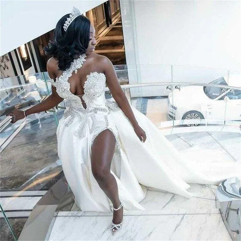 One shoudler V-neck Appliques Ball Gown High Split Wedding Dresses