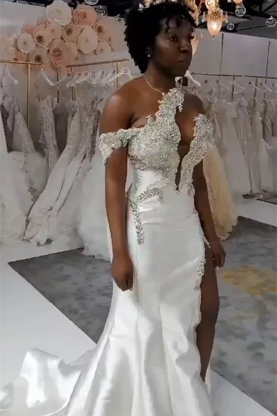 One shoudler V-neck Appliques Ball Gown High Split Wedding Dresses