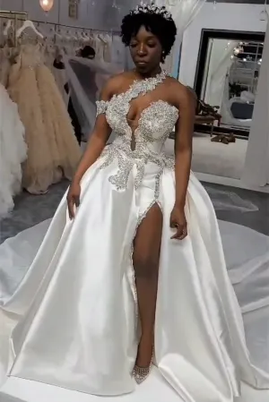One shoudler V-neck Appliques Ball Gown High Split Wedding Dresses