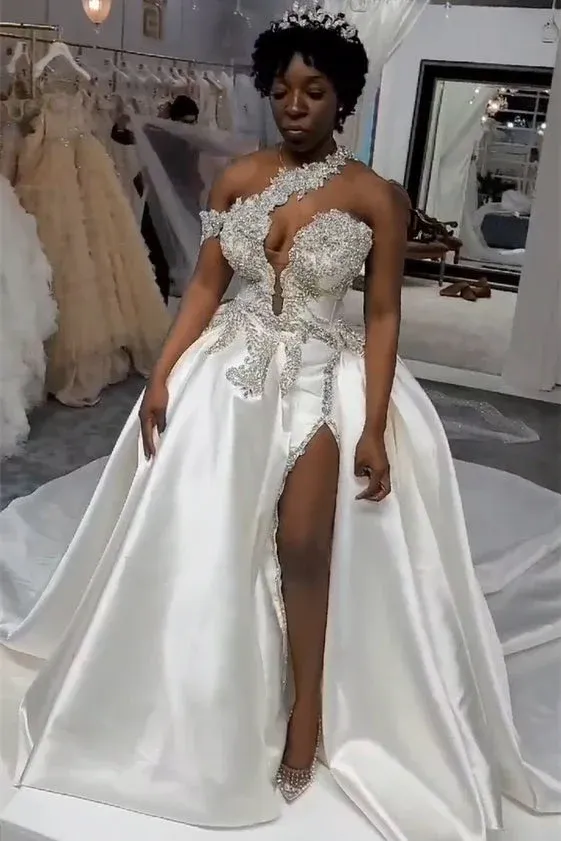 One shoudler V-neck Appliques Ball Gown High Split Wedding Dresses