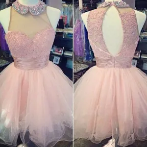 Pink high neck lace off shoulder high neck freshman homecoming prom dress, TYP0158