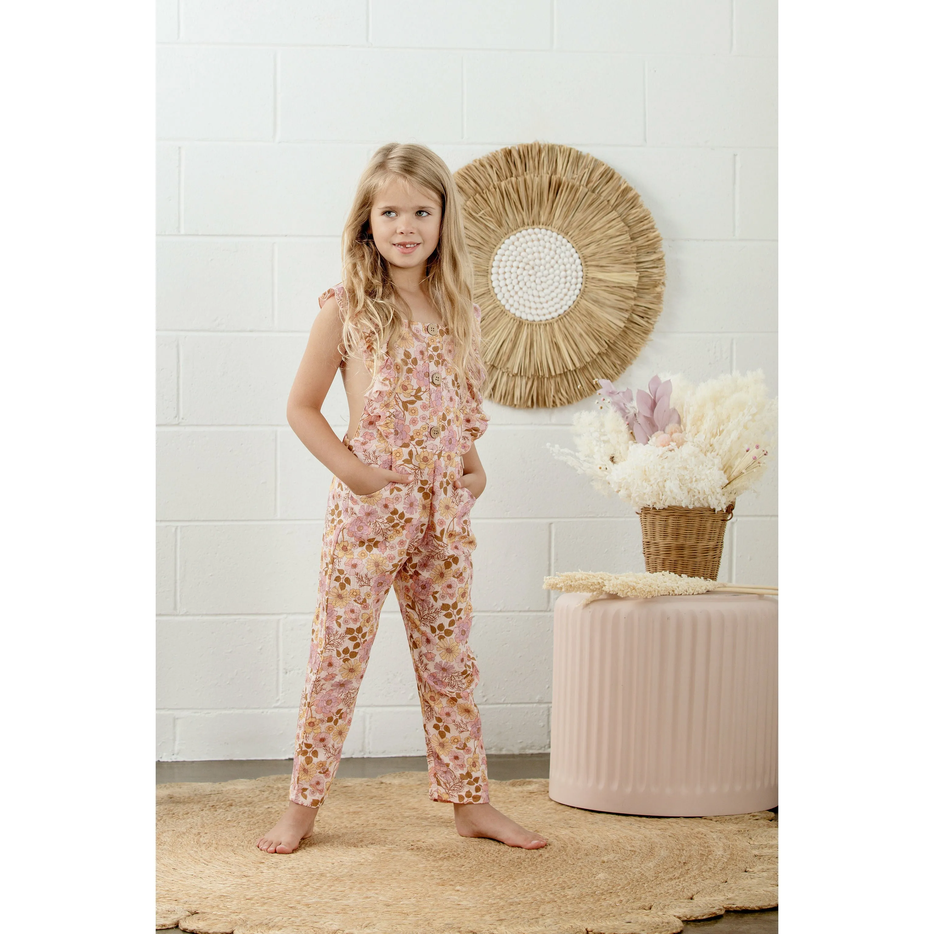 Pink Posy Ruffle Dungarees