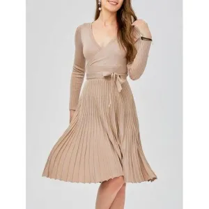 Plunging Neck Long Sleeve Jersey Low Cut Skater Sweater Dress - Apricot One Size