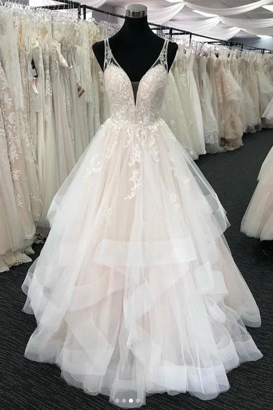 Plunging V-neckline Wedding Dresses with Horsehair Trim
