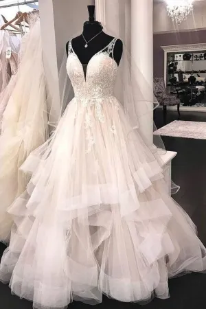 Plunging V-neckline Wedding Dresses with Horsehair Trim