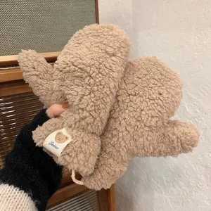Plush Warm Gloves Soft Winter Thick Fingerless  Bear Gloves With Ropes