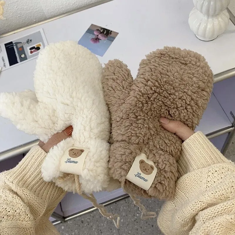 Plush Warm Gloves Soft Winter Thick Fingerless  Bear Gloves With Ropes