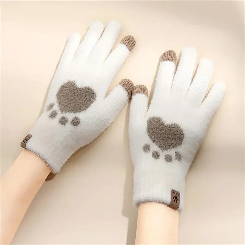 Plush Warm Gloves Soft Winter Thick Fingerless  Bear Gloves With Ropes