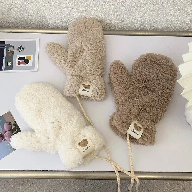 Plush Warm Gloves Soft Winter Thick Fingerless  Bear Gloves With Ropes