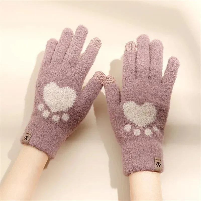 Plush Warm Gloves Soft Winter Thick Fingerless  Bear Gloves With Ropes