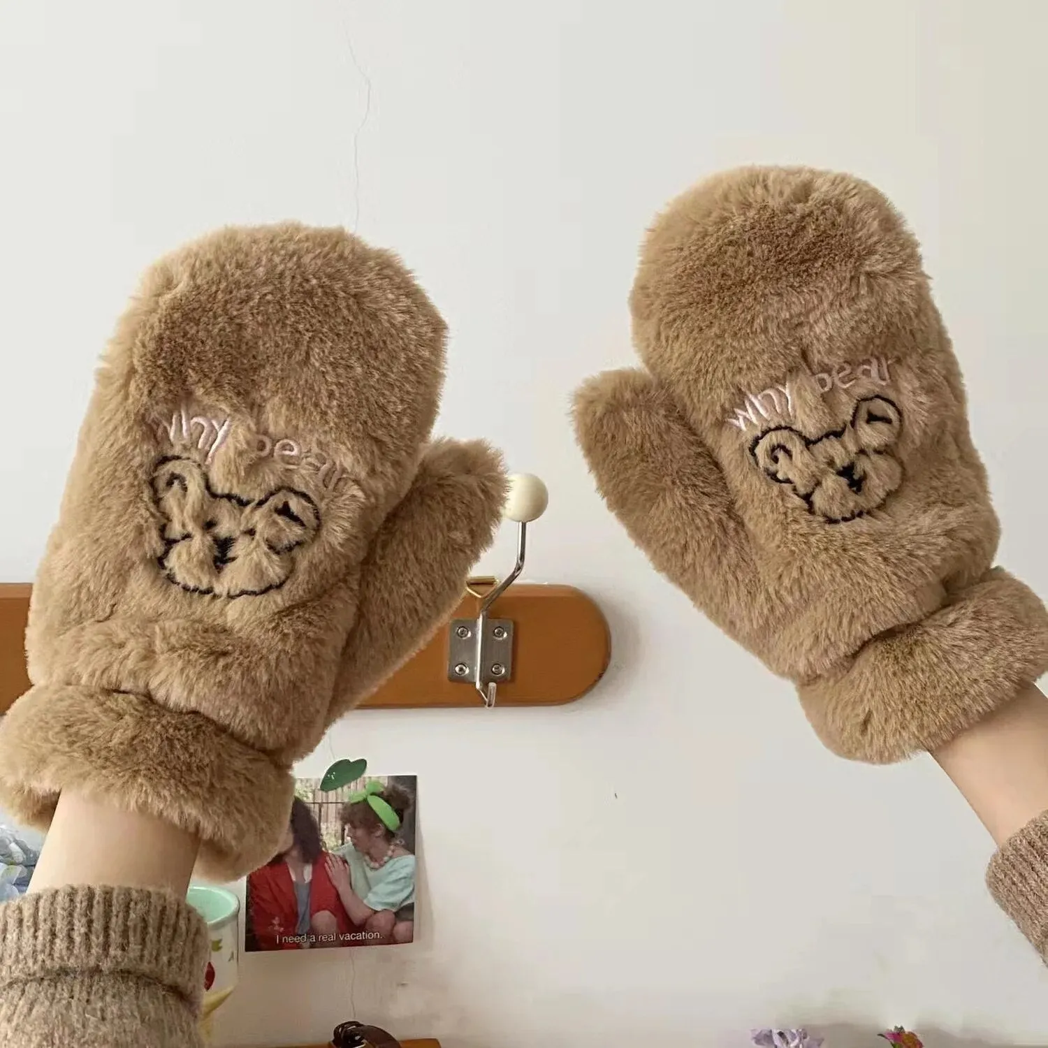 Plush Warm Gloves Soft Winter Thick Fingerless  Bear Gloves With Ropes