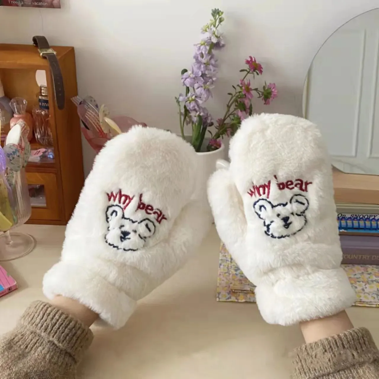 Plush Warm Gloves Soft Winter Thick Fingerless  Bear Gloves With Ropes