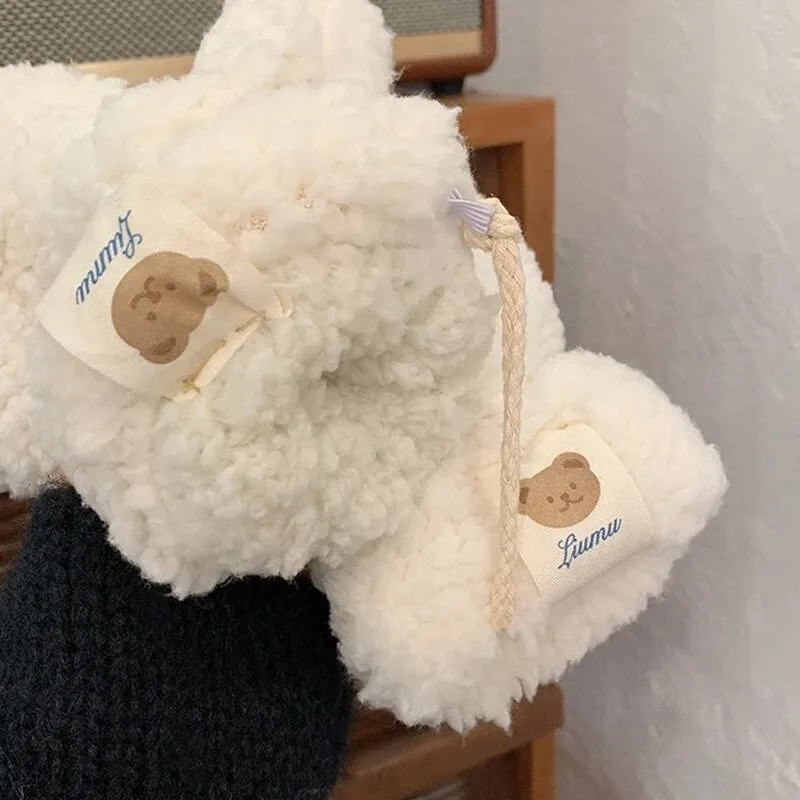 Plush Warm Gloves Soft Winter Thick Fingerless  Bear Gloves With Ropes