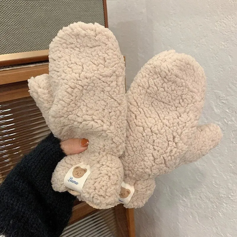 Plush Warm Gloves Soft Winter Thick Fingerless  Bear Gloves With Ropes