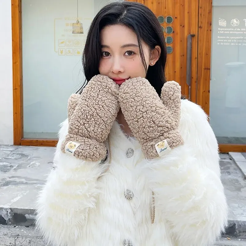 Plush Warm Gloves Soft Winter Thick Fingerless  Bear Gloves With Ropes