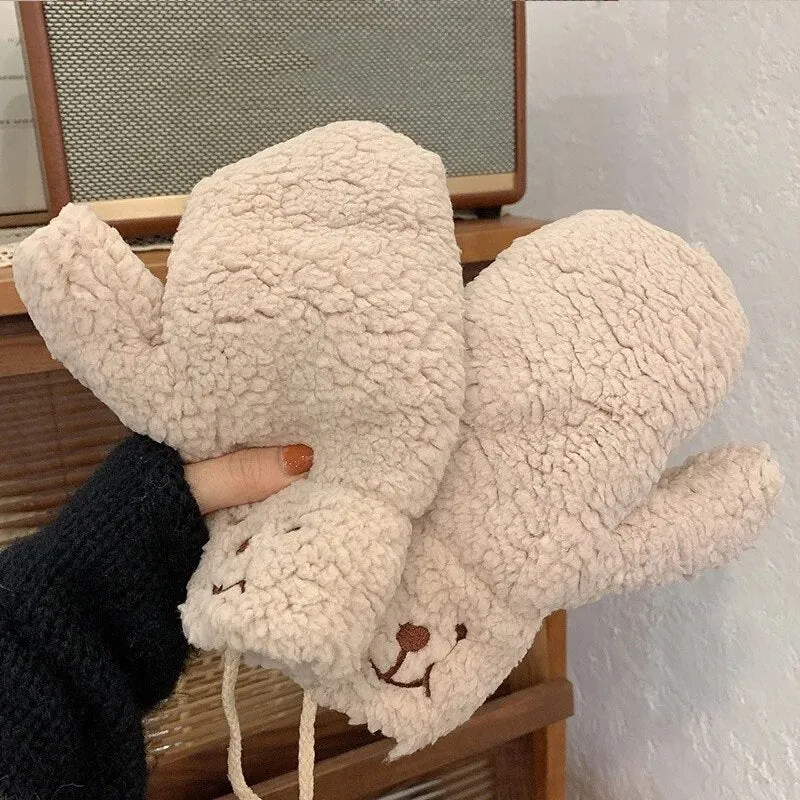 Plush Warm Gloves Soft Winter Thick Fingerless  Bear Gloves With Ropes